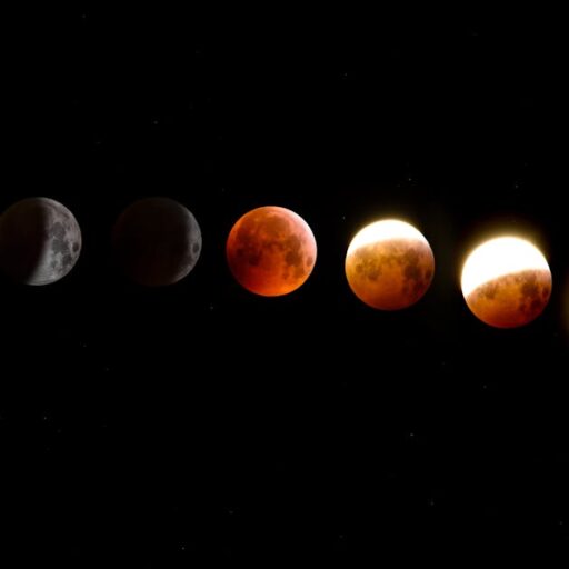 A stunning sequence of moon phases during a lunar eclipse, showcasing the transition from full moon to totality.